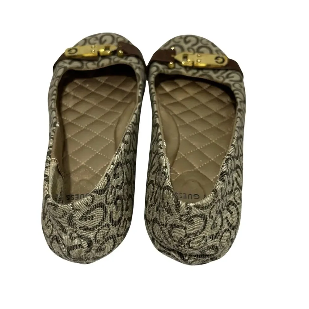 Guess flats ladies slip on casual shoes tan brown logo canvas gold buckle 9.5M
